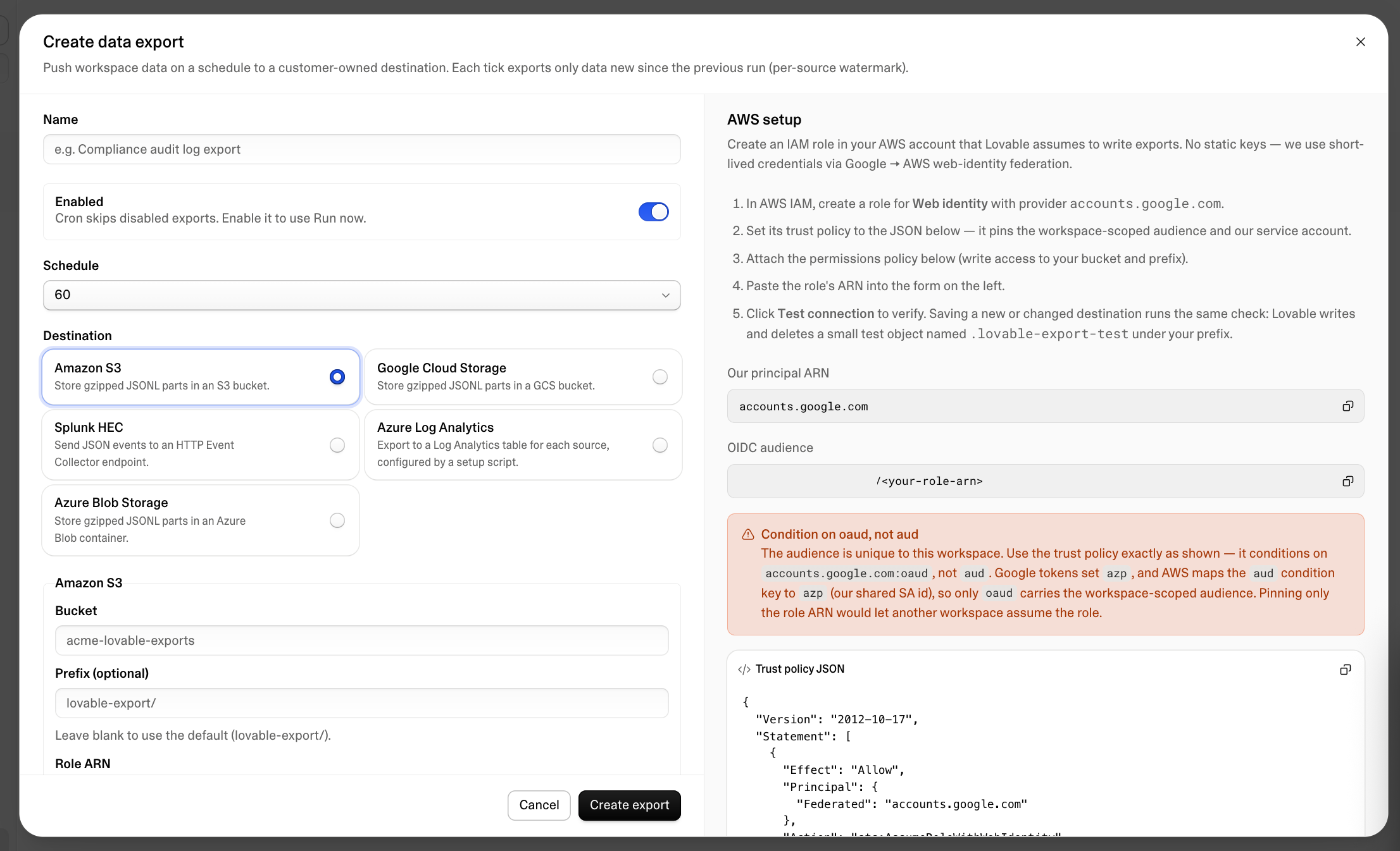 The Create data export dialog with destinations for Amazon S3, Google Cloud Storage, Splunk HEC, Azure Log Analytics, and Azure Blob Storage, next to step-by-step AWS setup instructions