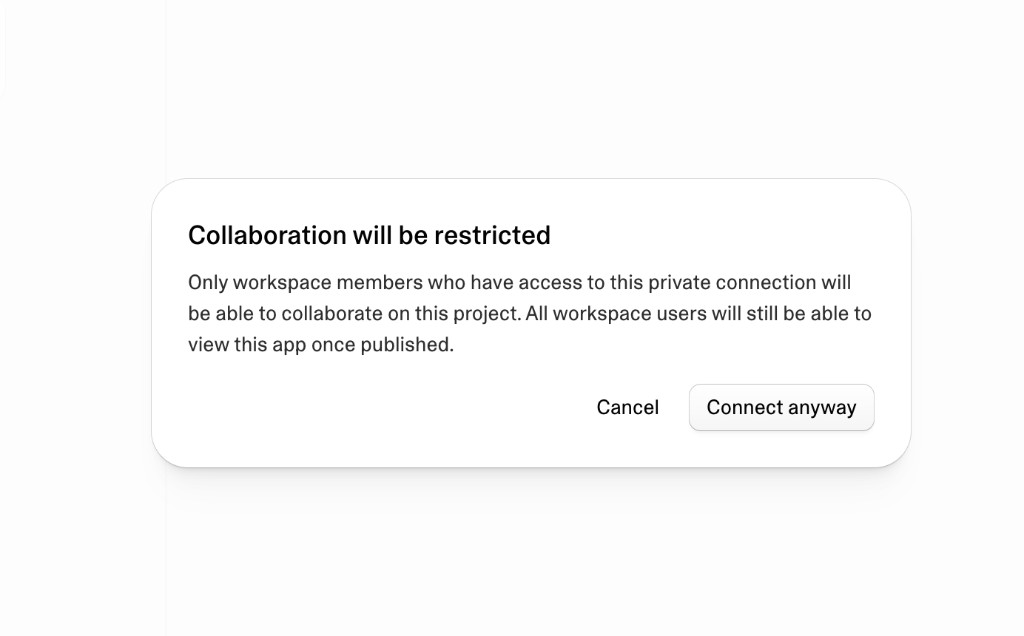 Warning shown when connecting a private account in a shared workspace.