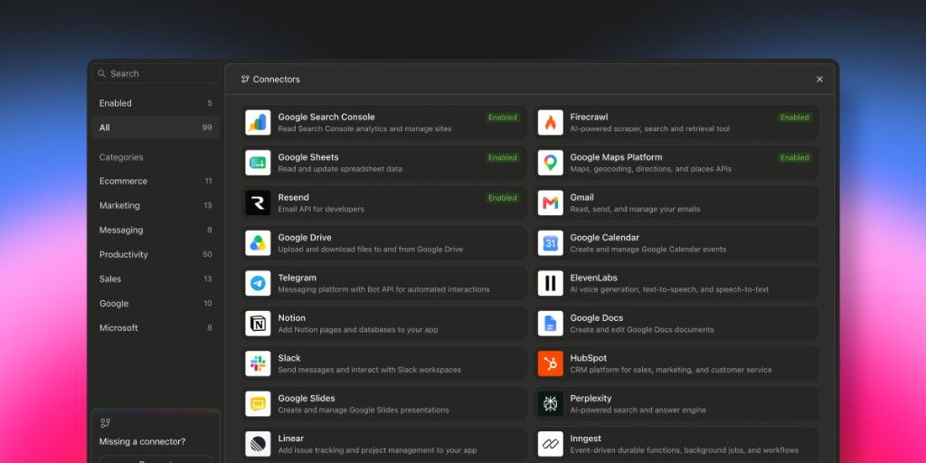 The connectors marketplace in Lovable, showing available integrations across categories.