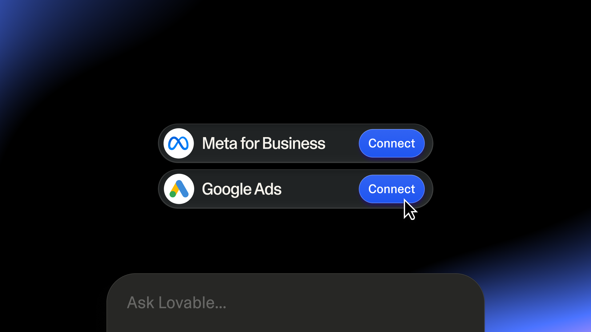 Meta for Business and Google Ads, each with a Connect button, above the Lovable chat box