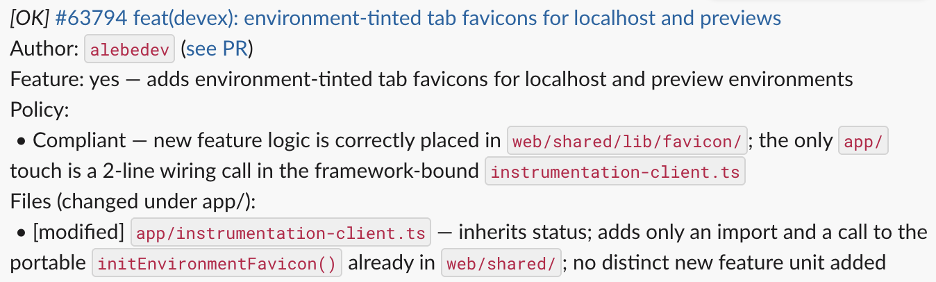 Automated check output on a PR: status OK, feature yes, policy compliant—new feature logic is correctly placed in web/shared/lib/favicon and the only app/ touch is a two-line wiring call in the framework-bound instrumentation client.