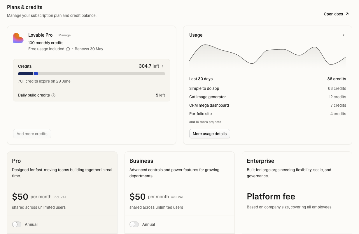 The unified Plans & credit usage billing tab