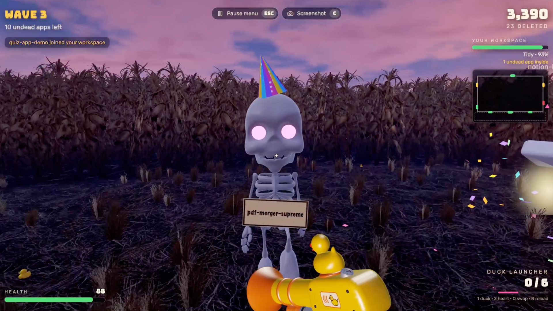 A skeleton in a party hat holding a "pdf-merger-supreme" sign in a cornfield at dusk, with a duck launcher in the foreground and a workspace tidiness meter in the corner