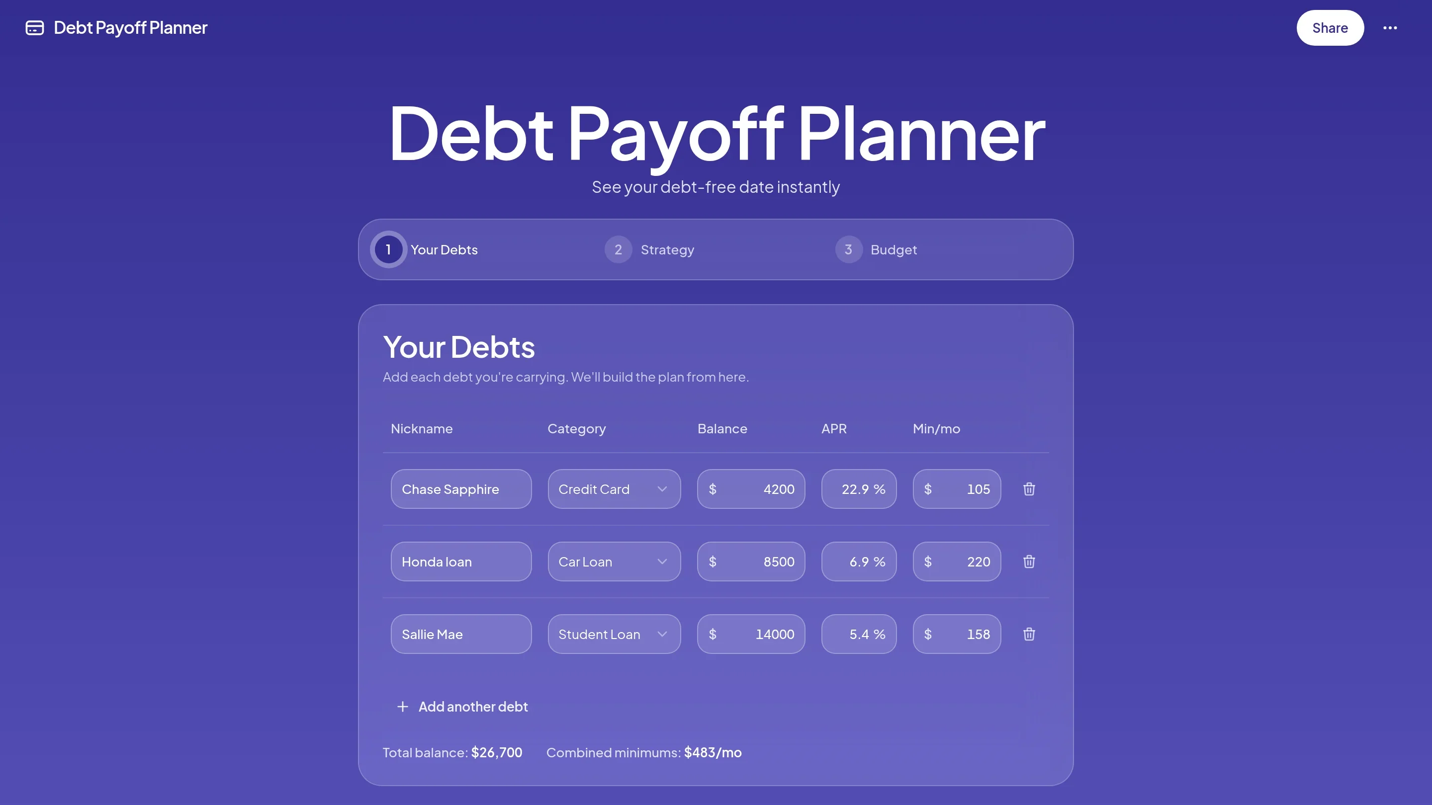 Vista previa de la plantilla Debt Payoff Planner