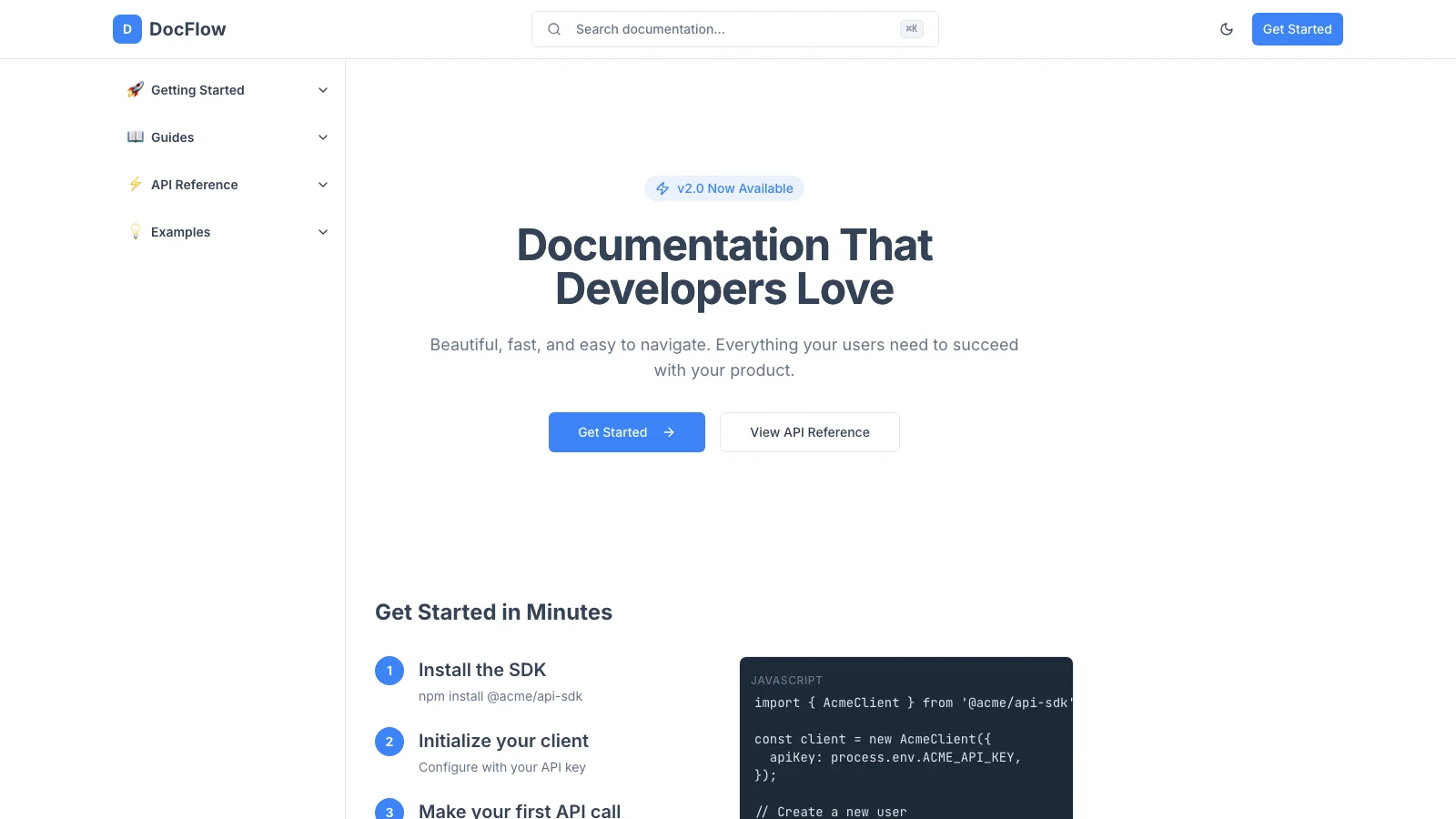 API Docs Site — developer tools template preview